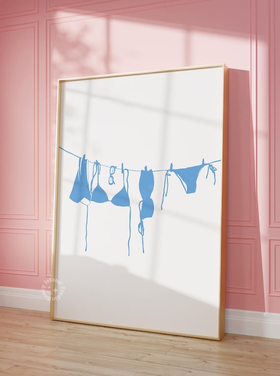 Blue Bikini Swimwear On Clothesline Minimal Coastal Decor Poster
