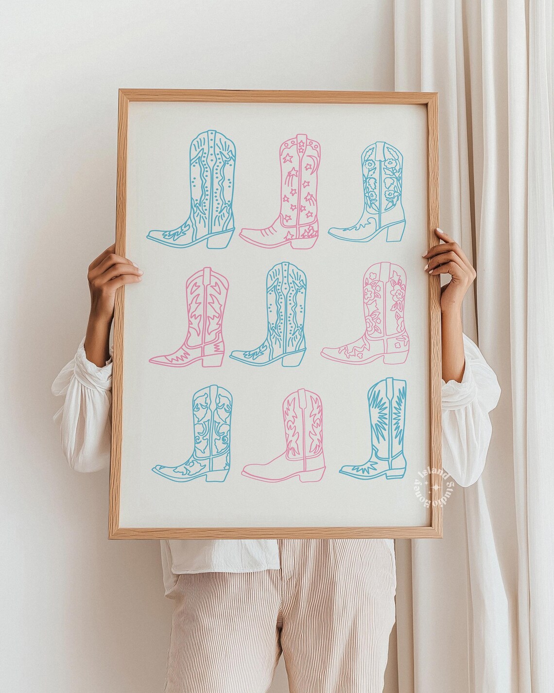 Cowgirl Print Western Art, Blue Pink Cowboy Boots
