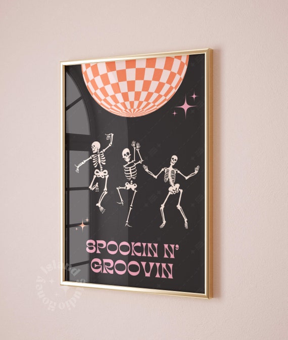 Halloween Print Disco Skeleton Spookin N Groovin Wall Art Pink Unique Decor Party Instant Downloads