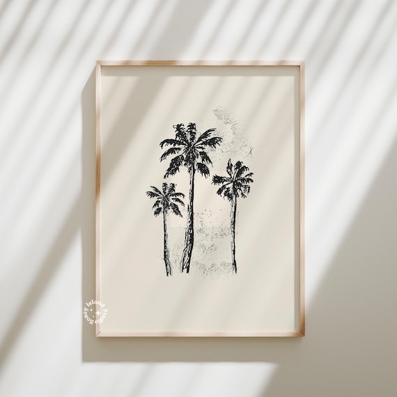 Three Palm Trees Minimalist Black Ink Botanical Sketch Poster