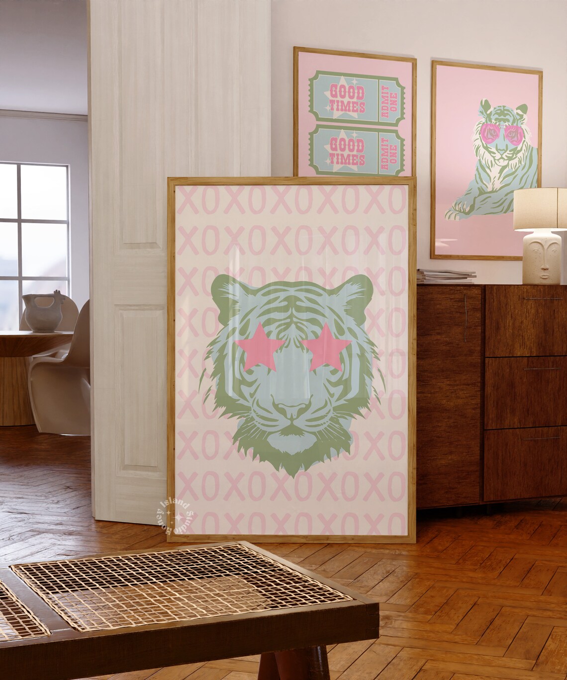 Tiger Preppy Poster, Sage Green Blue Pink Dorm Decor
