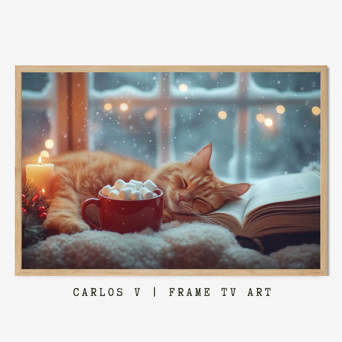 Sleeping Cat On An Open Book Beside Cocoa At A Frosty Window Poster
