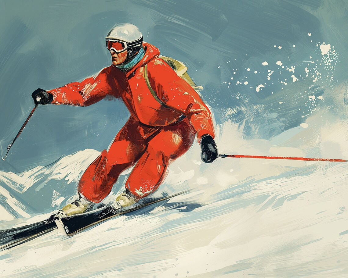 Vintage Skier Red Suit Downhill Powder Snow Painting Frame TV Art Poster - Image 2
