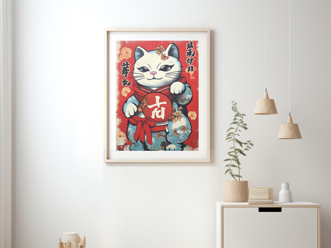Lucky Cat in Floral Kimono Holding a Red Good Luck Lantern Poster - Image 2