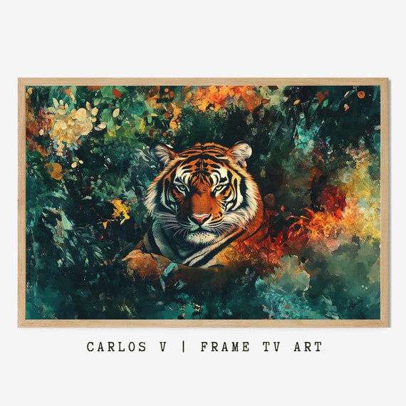 Peering Tiger in Deep Green Forest Vibrant Painterly Wildlife Art Poster