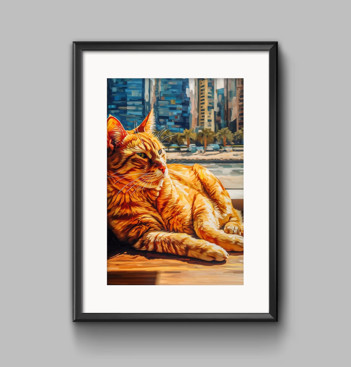 Orange Tabby Cat Lounging on a Sunlit City Window Sill Poster - Image 2