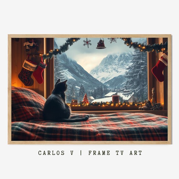 Black Cat Gazing At Snowy Mountains From A Cozy Window Seat Poster