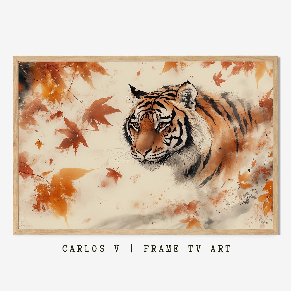 Watercolor Tiger among Falling Autumn Leaves Japanese Style Art Poster