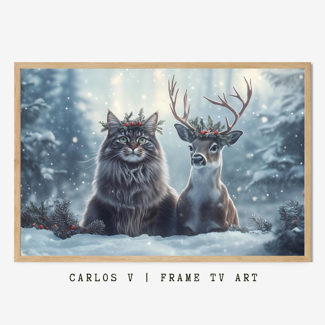 Majestic Cat And Reindeer Wearing Holiday Crowns In The Snow Poster