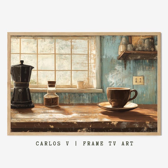 Rustic Coffee Pot In A Sunlit Kitchen Tv Frame Art Coffee Lovers Themed Illustration Instant Hd 300dpi