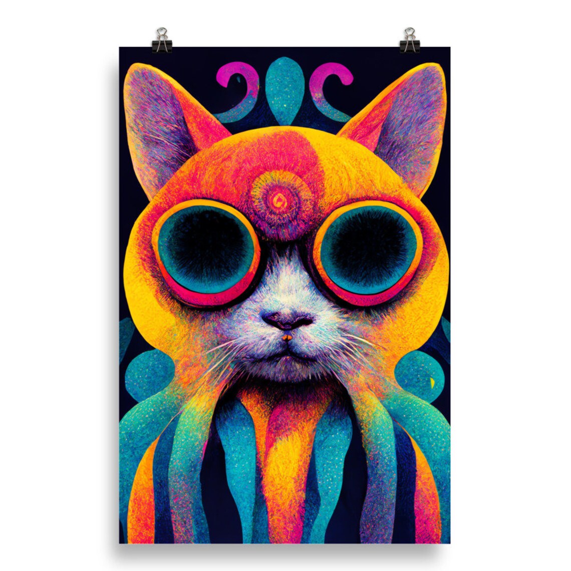 Trippy Psychedelic Neon Cat Big Eyes Surreal Colorful Art Poster - Image 2