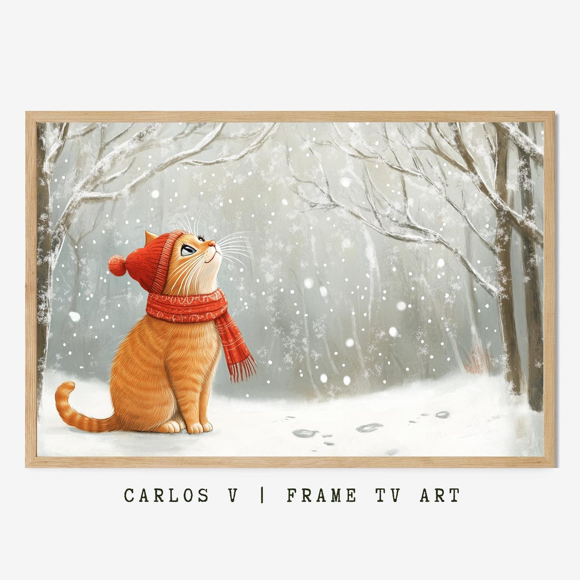 Orange Tabby Cat in Red Knit Hat and Scarf in Snowy Forest Poster