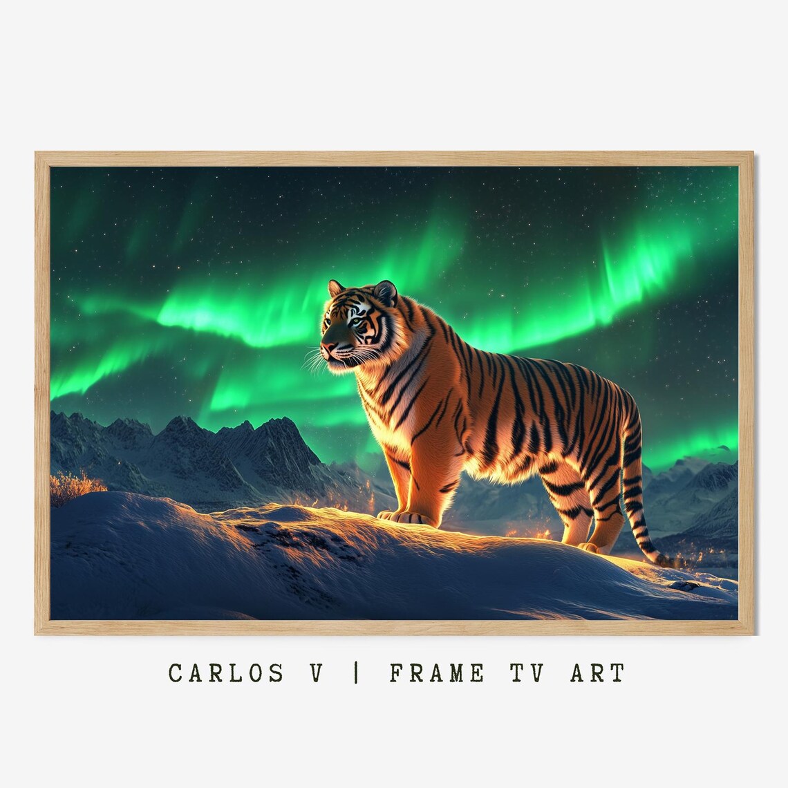 Tiger Standing on Snowy Hill Under Green Aurora Borealis Poster