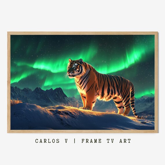 Tiger Standing on Snowy Hill Under Green Aurora Borealis Poster