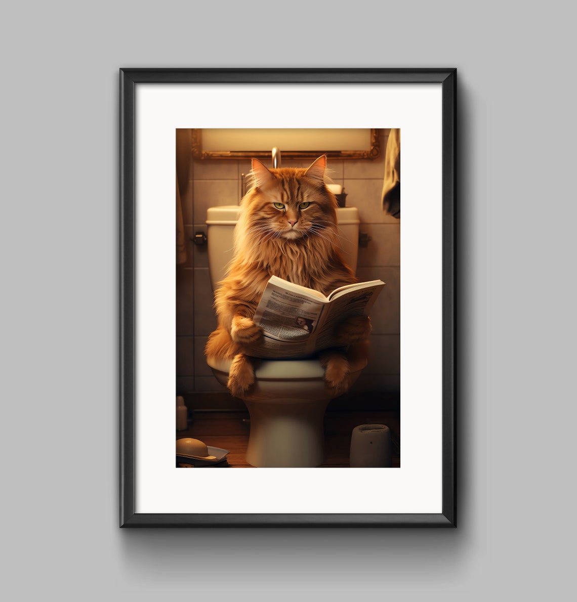 Orange Cat Sitting On Toilet Reading Newspaper Funny Bathroom Poster