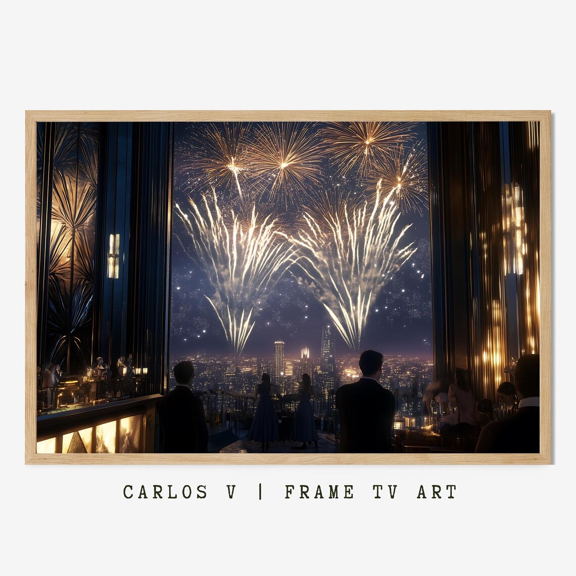Gleaming Golden Fireworks Over City Rooftop Luxury Night Poster