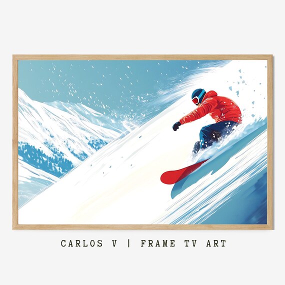 Snowboarder Carving Down Steep Powdery Mountain Slope Poster