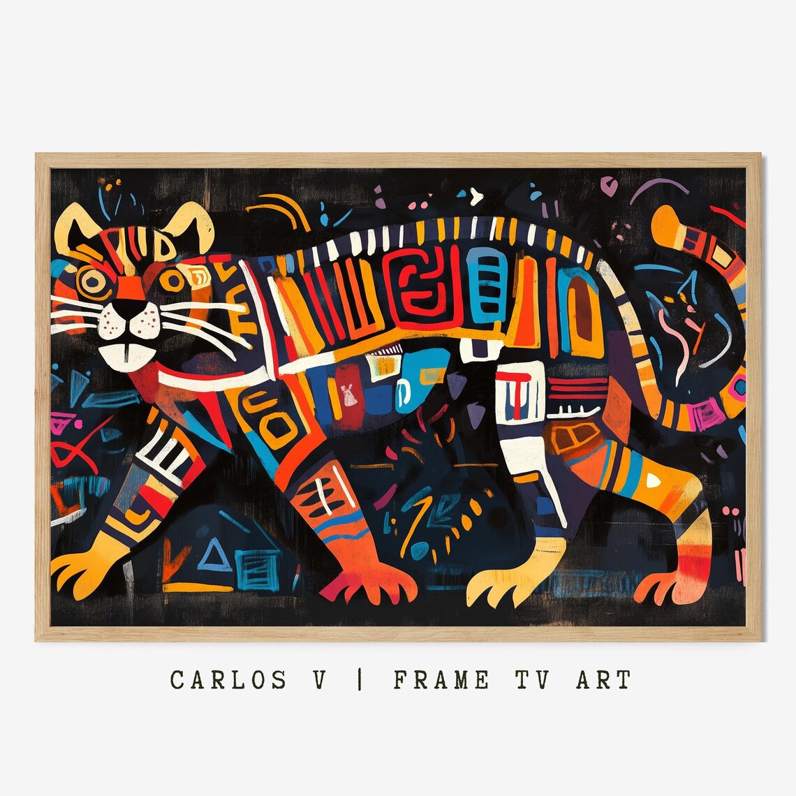 Colorful Abstract Geometric Tiger Folk Art on Black Night Poster