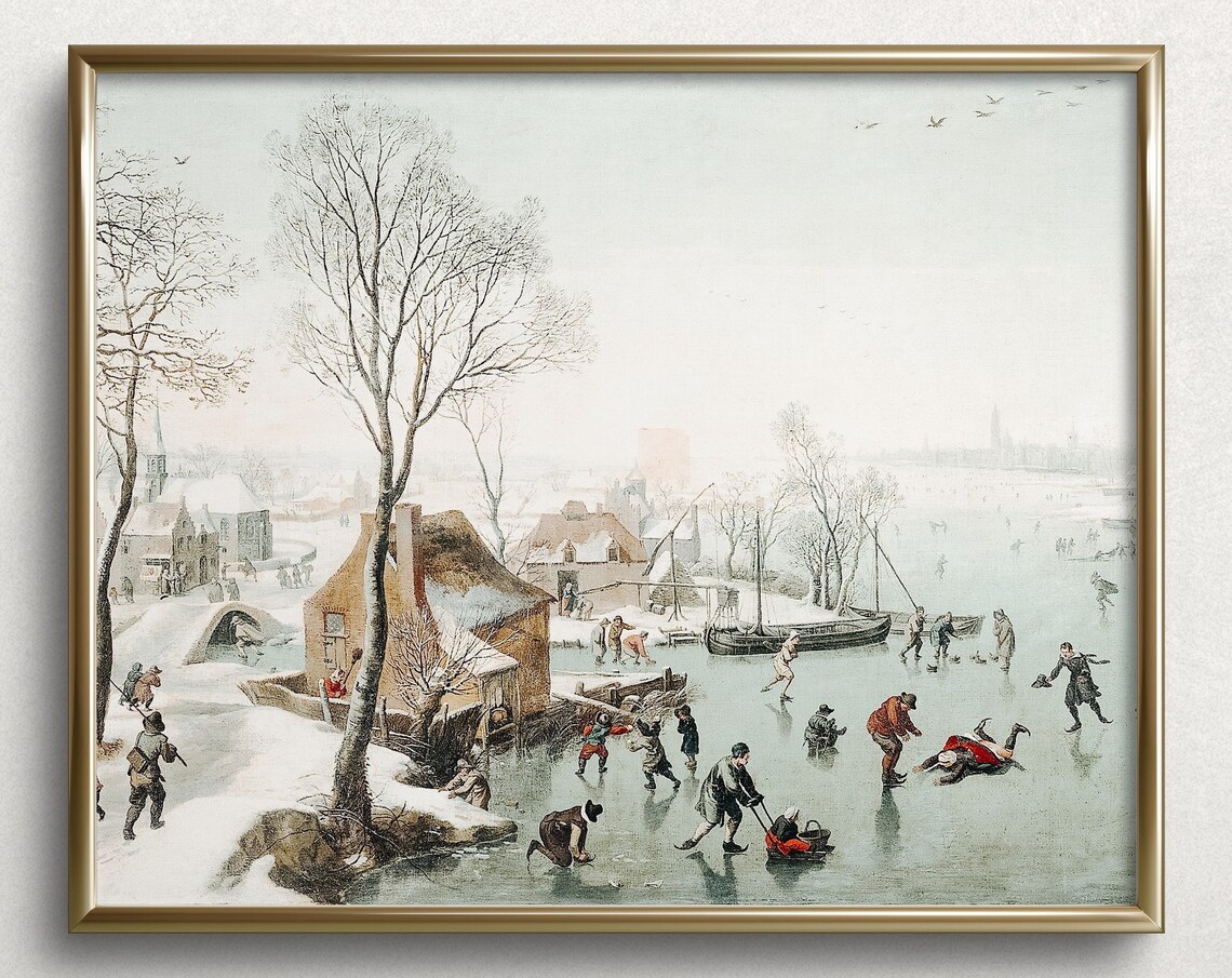 Countryside Ice Skating Vintage Winter Landscape Art Print