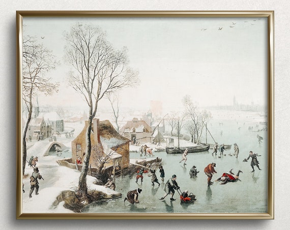 Countryside Ice Skating Vintage Winter Landscape Art Print