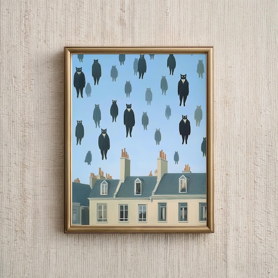 Black Cat Floating, Magritte-Inspired Cat Portrait