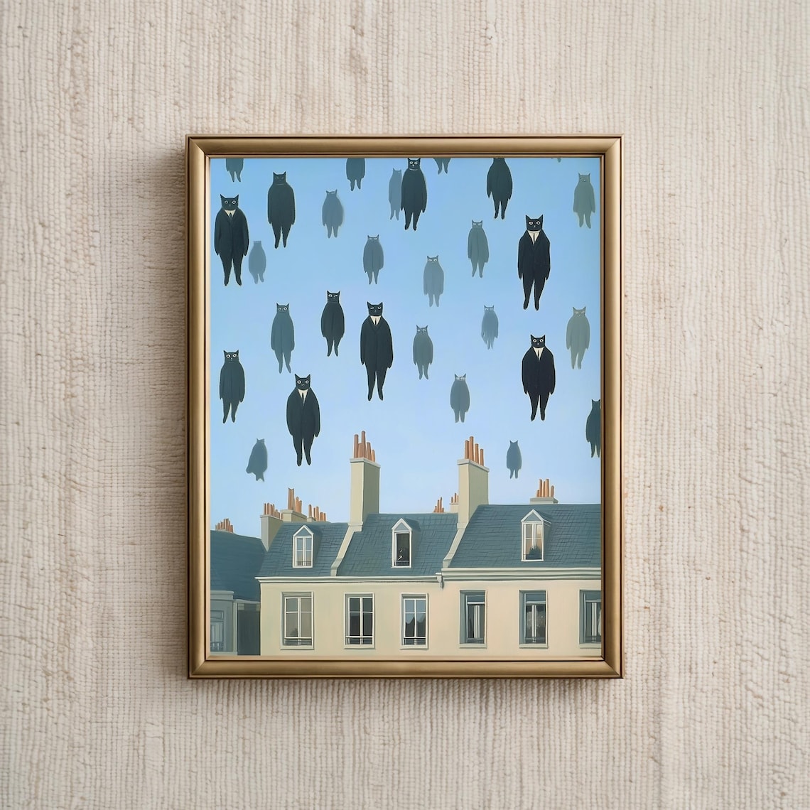 Black Cat Floating, Magritte-Inspired Cat Portrait
