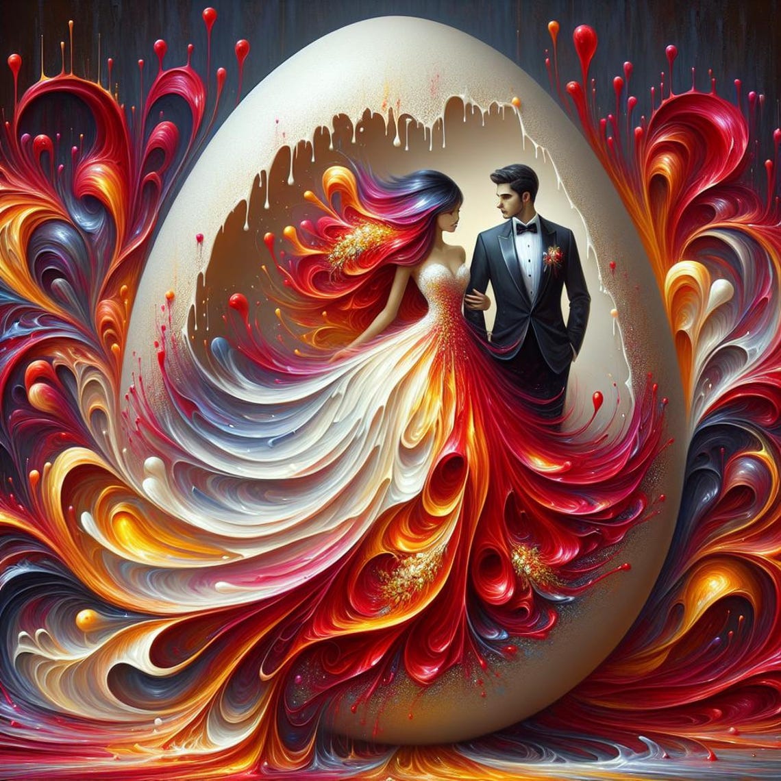 Wedding Couple Painted Egg Red Gold Swirl Romantic Art Poster