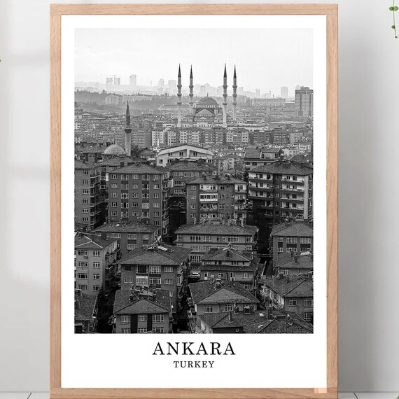Ankara Kocatepe Mosque City View Turkey Black White Travel Poster