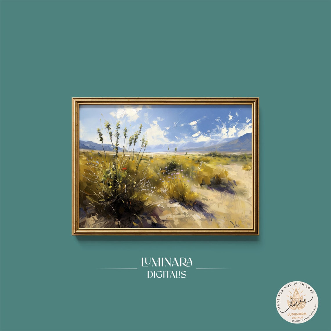 Desert Grassland With Tall Seed Stalks Under Big Blue Sky Poster
