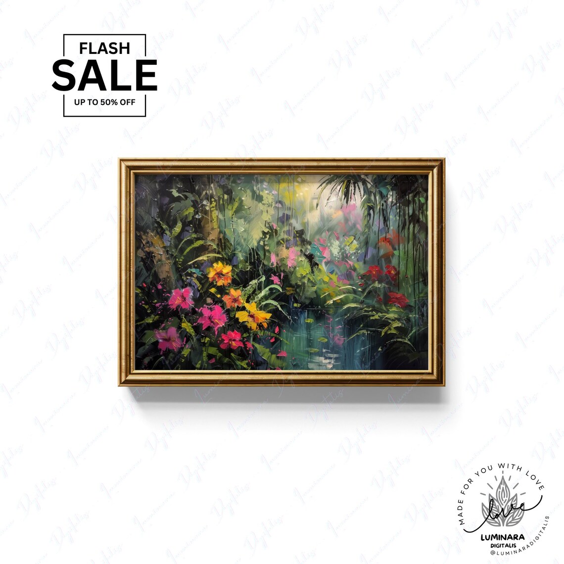 Tropical Hibiscus Blooms Glowing In A Lush Jungle Garden Art Print - Image 3