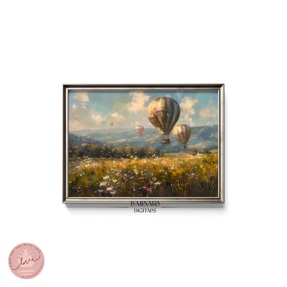 Golden Hour Hot Air Balloons Above Blooming Meadow Landscape Poster - Image 5