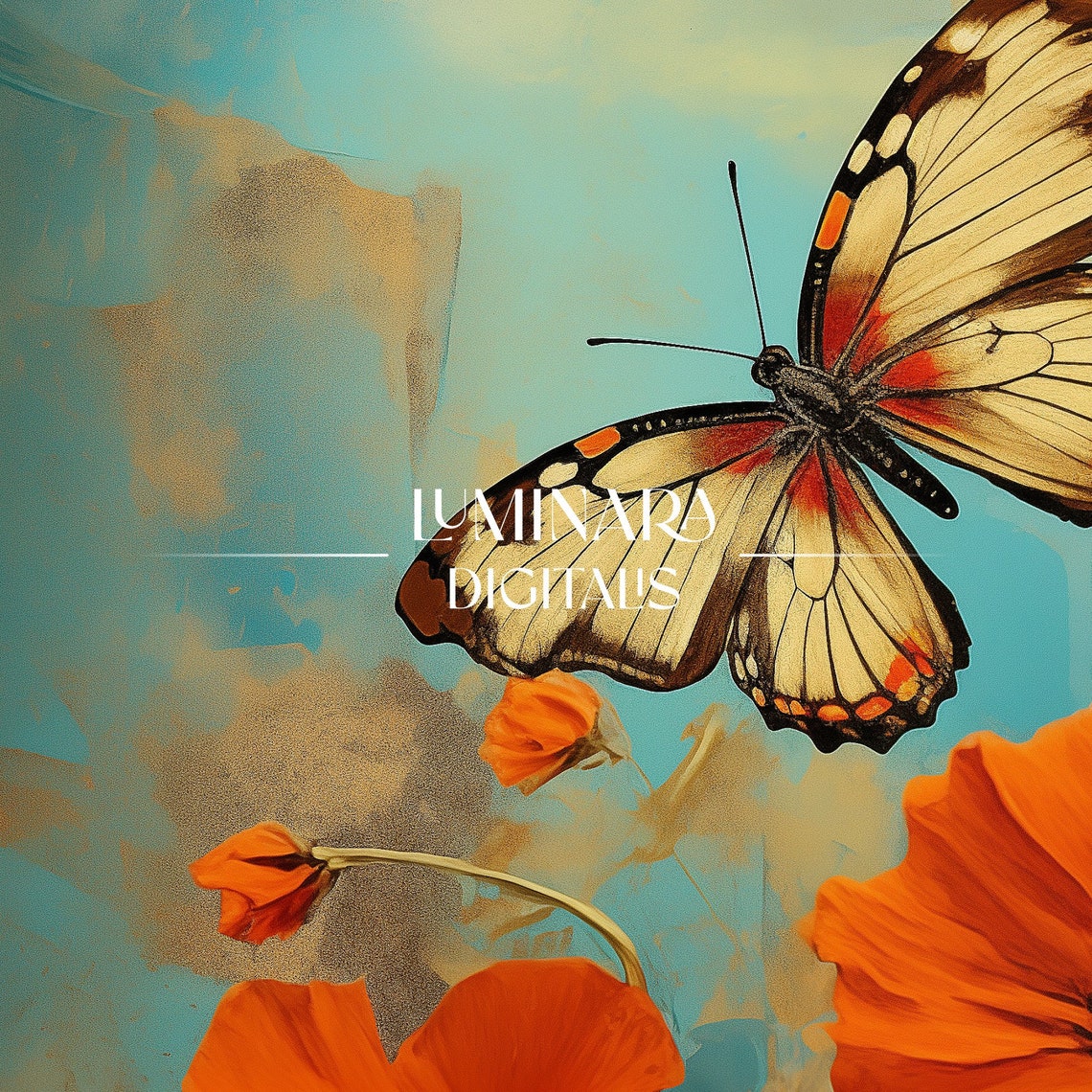Butterfly Drifting Above Red Poppies Textured Impasto Art Poster - Image 3