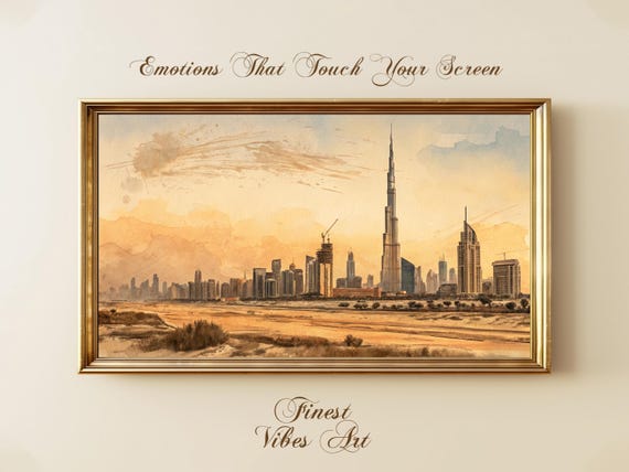 Dubai Sunset Skyline Frame Tv Art Warm Watercolor Cityscape