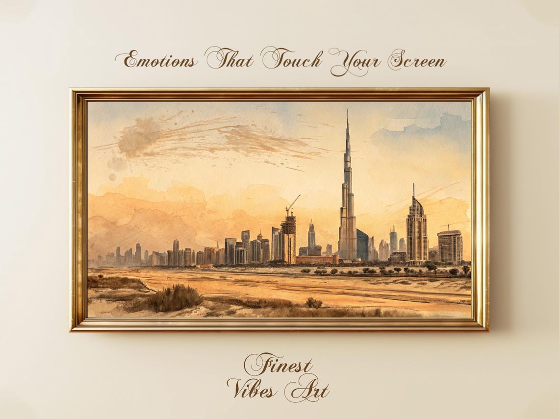 Dubai Sunset Skyline Frame Tv Art Warm Watercolor Cityscape
