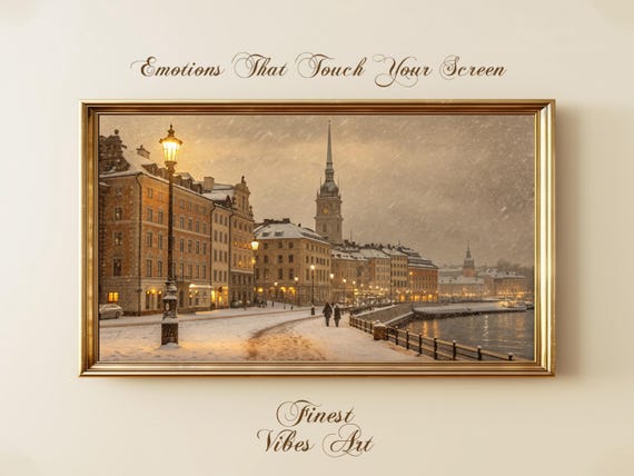 Stockholm Winter Cityscape Art For Frame Tv Snowy Old Town Warm Light Nordic Landscape