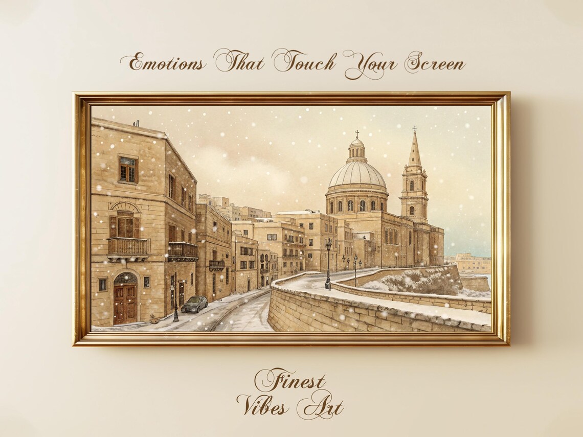 Snowy European Old Town Domed Cathedral Winter Painting Print