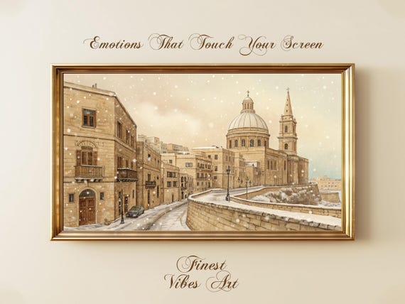 Winter European Street Art For Samsung Frame Tv Historic Cityscape Snowy Old Town Illustration