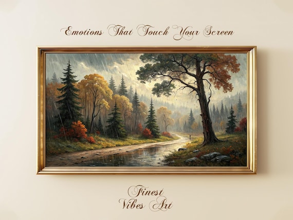 Autumn Forest River Rain Misty Woodland Vintage Painting Poster