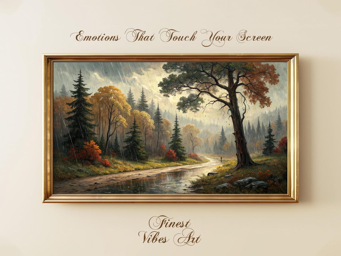 Autumn Forest River Rain Misty Woodland Vintage Painting Poster