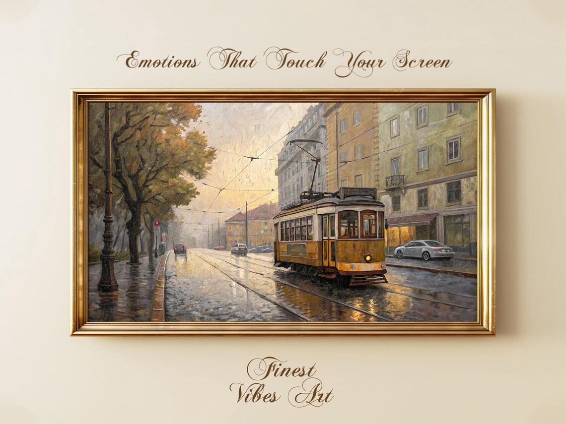 Rainy Yellow Streetcar European Street Vintage Oil Painting Poster
