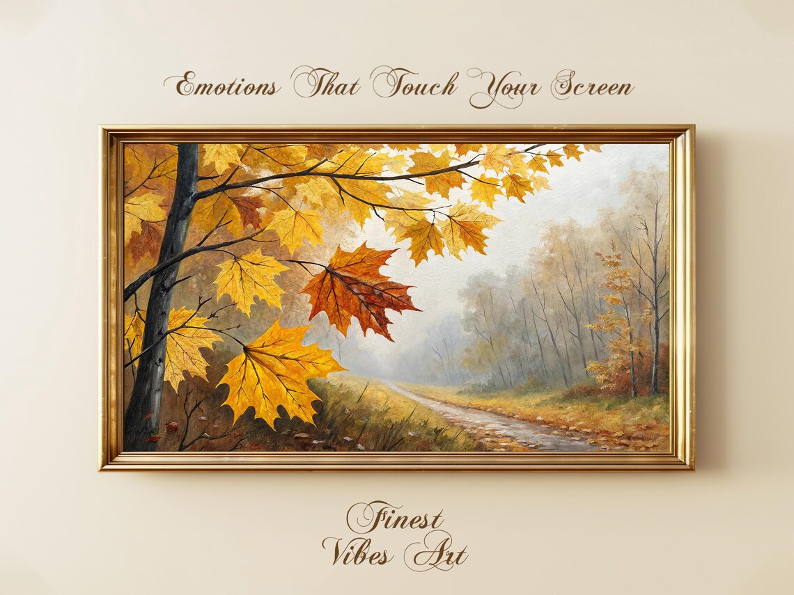 Autumn Forest Path Golden Maple Leaves Vintage Fall Painting Poster