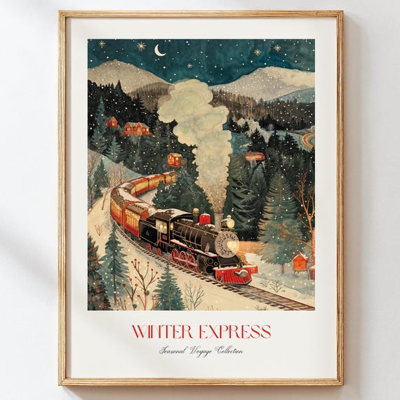 Winter Express Art Print Christmas Train Wall Cozy Holiday Decor Snowy Landscape Illustration Instant