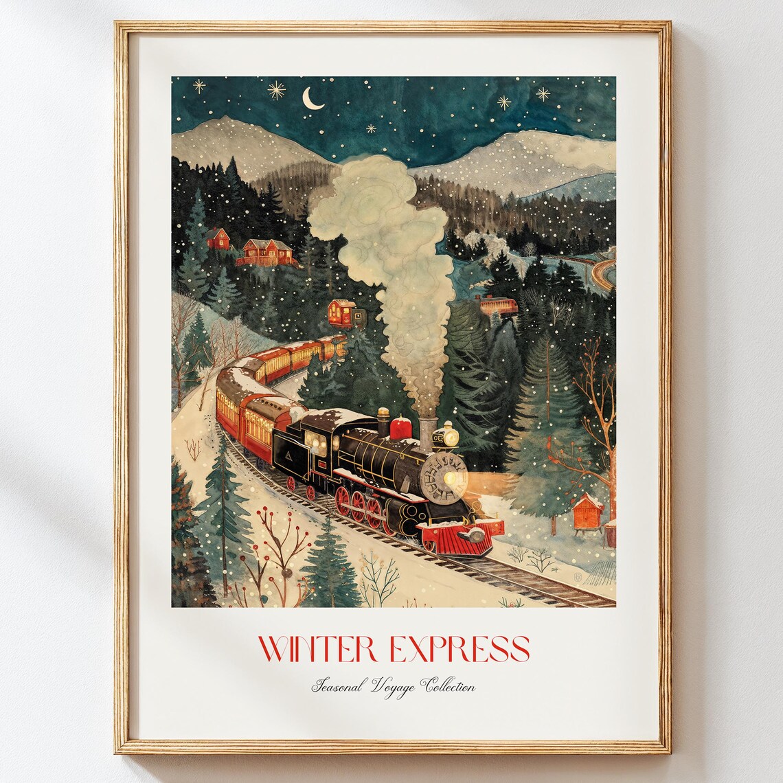 Winter Express Steam Train Night Poster Seasonal Voyage Snowy Mountain Art