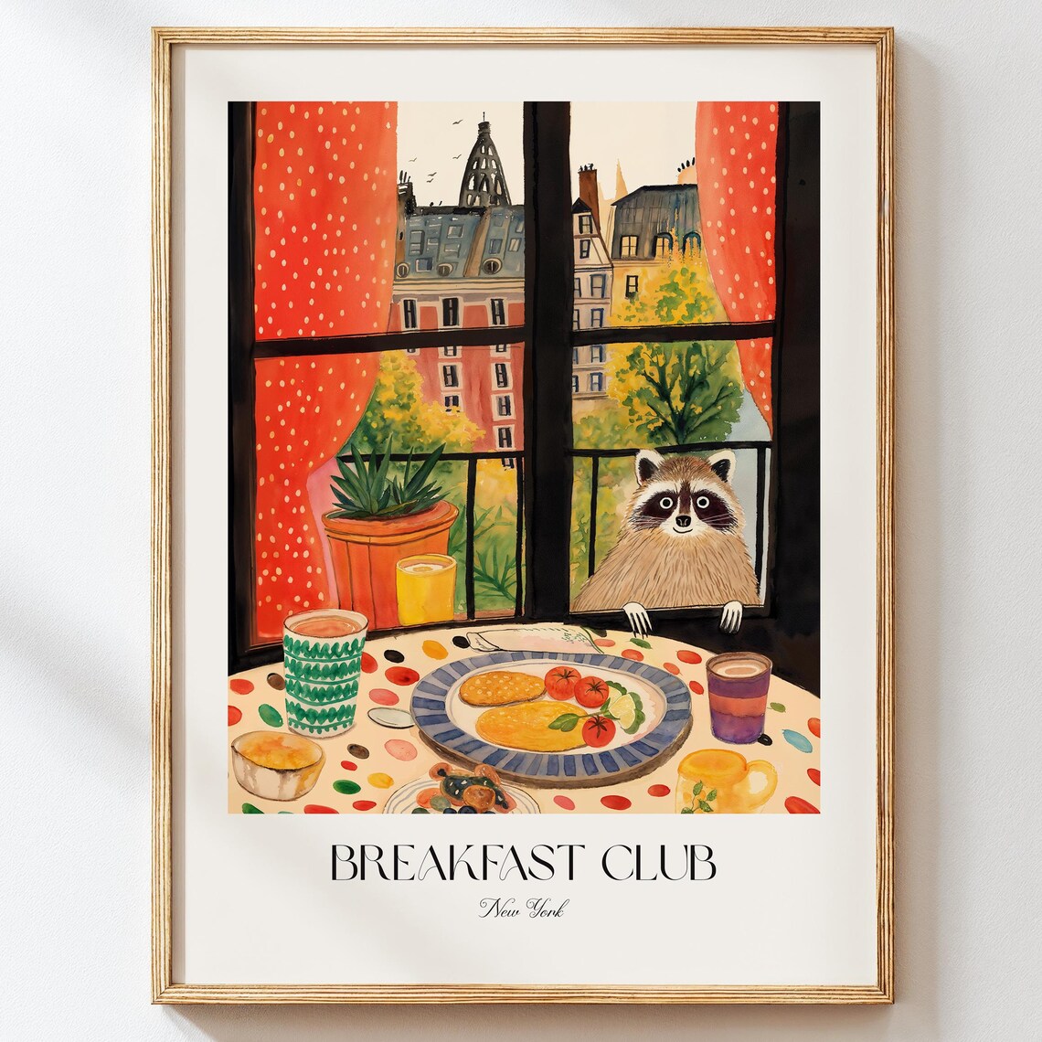 Raccoon Breakfast Watercolor Art Print, NYC Cafe Decor