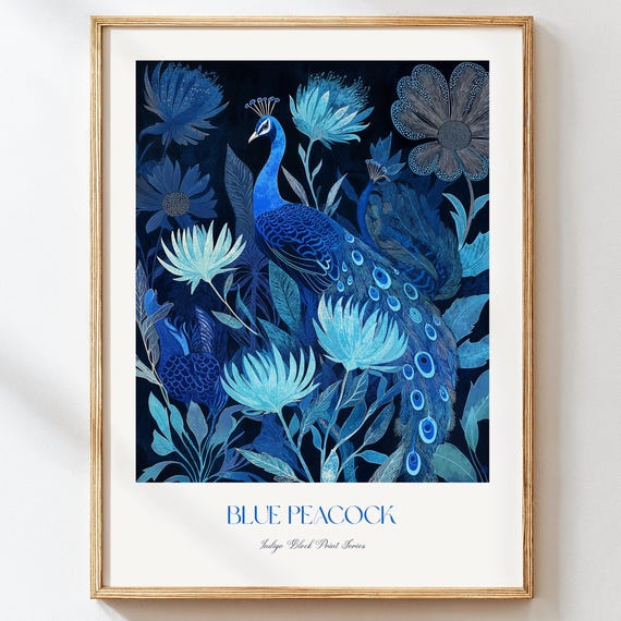Blue Peacock Art Print Elegant Botanical Wall Indigo Bird Illustration Vintage Floral Decor