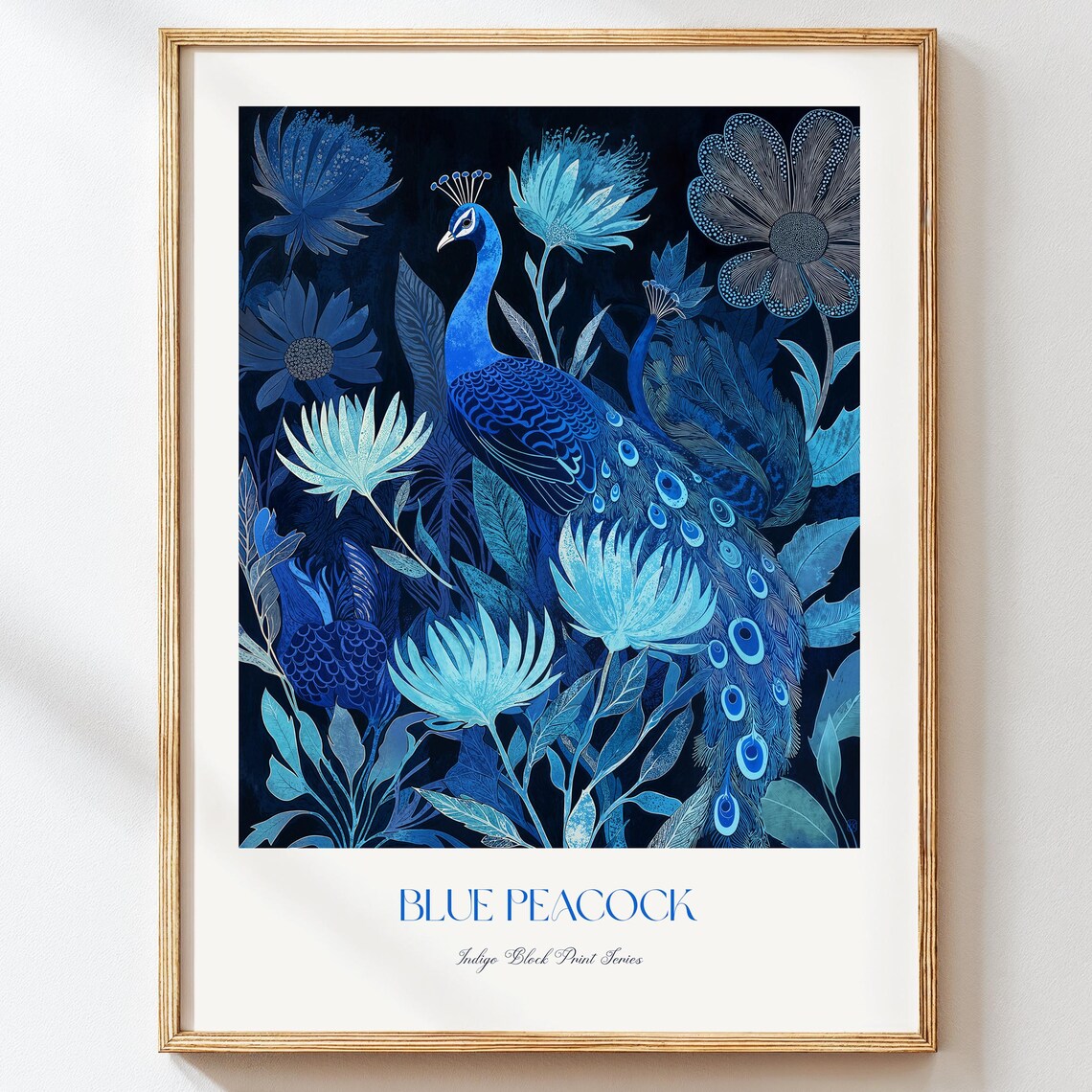 Blue Peacock Art Print Elegant Botanical Wall Indigo Bird Illustration Vintage Floral Decor