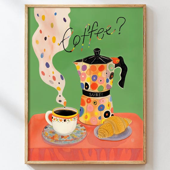 Coffee Kitchen Wall Art Colorful Moka Pot Illustration Whimsical Caf Poster Croissant Breakfast Print