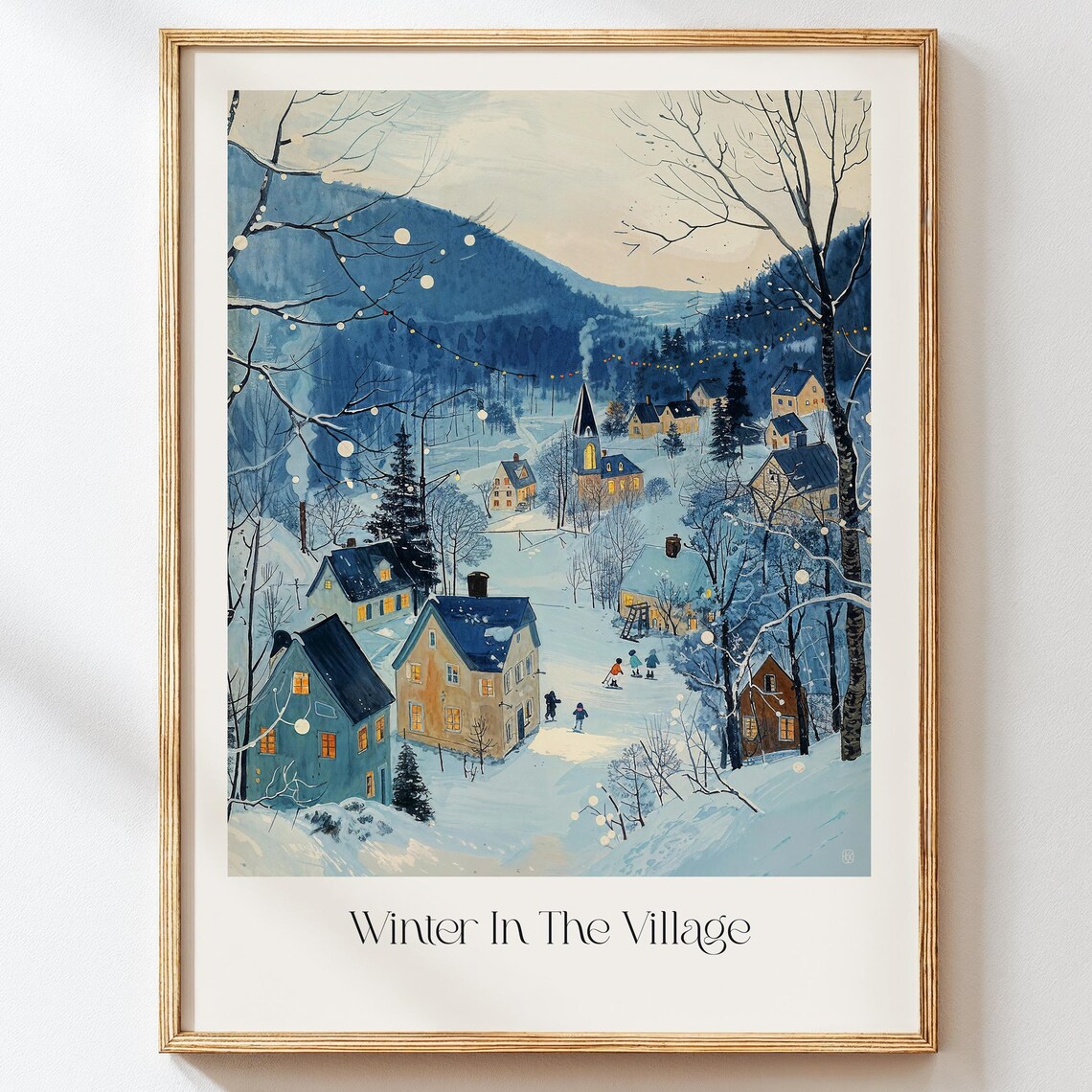 Winter Village Art Print, Nordic Christmas Landscape