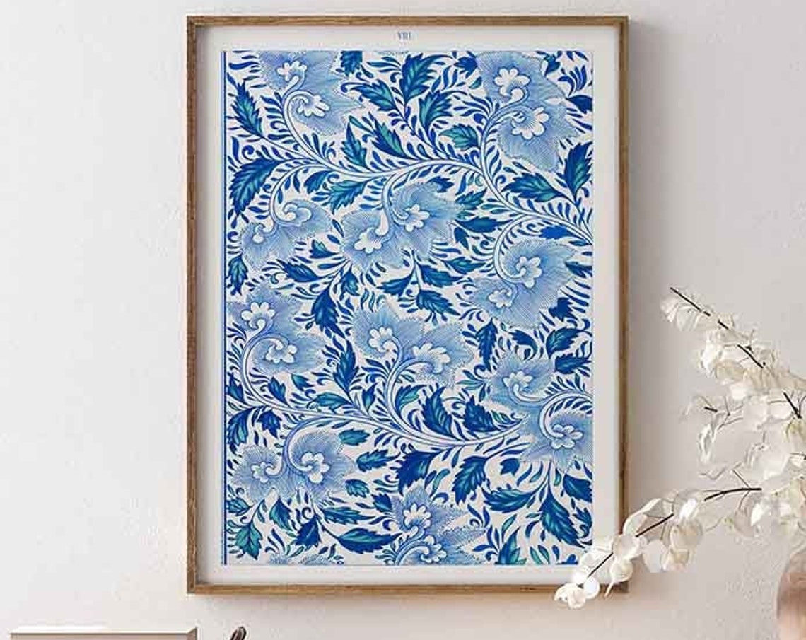 Chinoiserie Botanical Pattern Wall Art Print Blue Flowers Blossoming Vines Oyster Backdrop Chinese Ornament