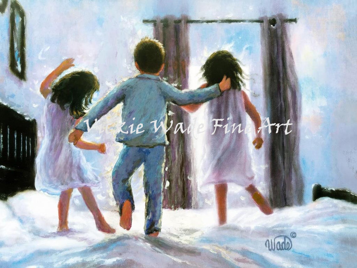 Three Children Jumping on the Bed in Bright Morning Light Poster